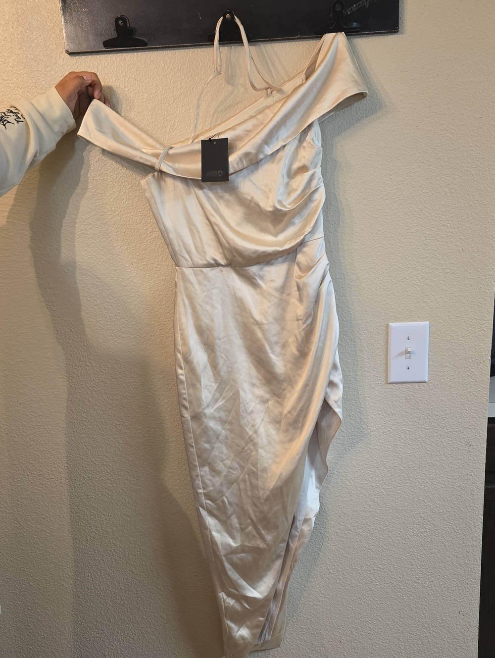 NBD One-Shoulder Satin Dress in Ivory Cream